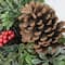 24" Glittered Artificial Boxwood Pine Cones & Red Berry Wreath, Unlit